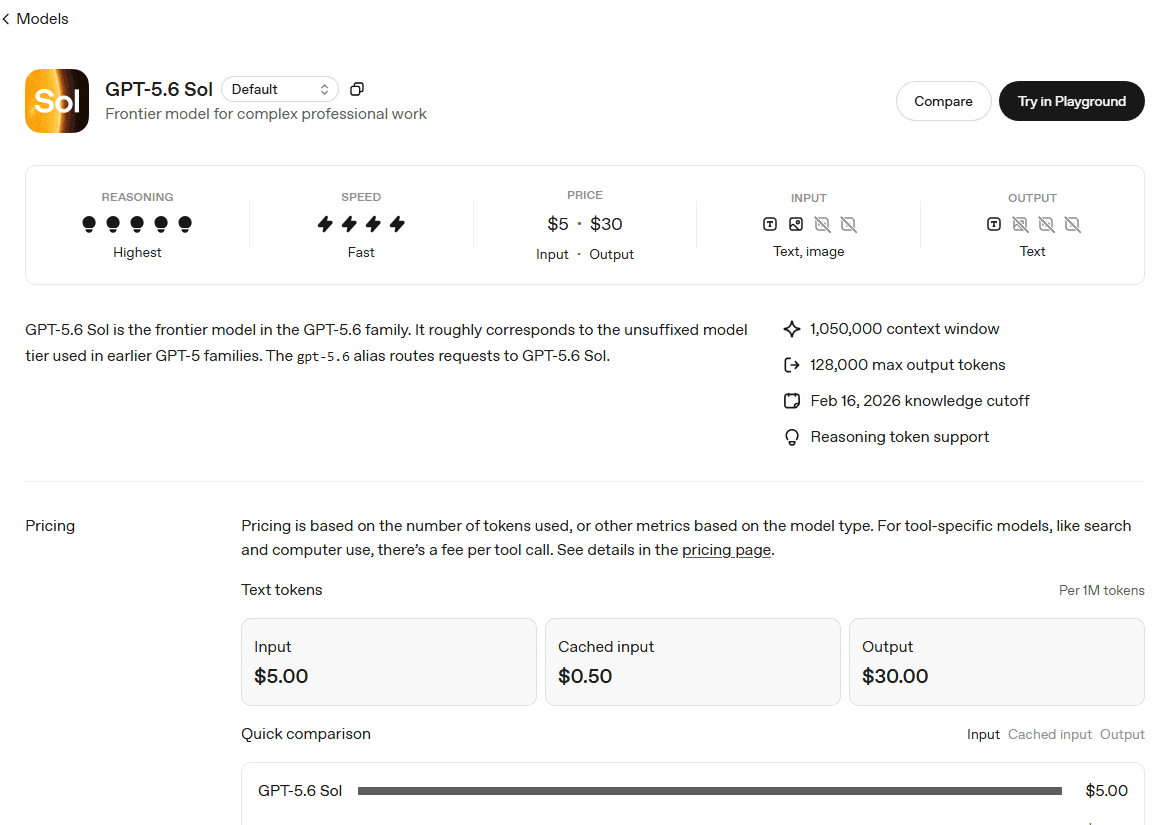 Fiche API OpenAI de GPT-5.6 Sol avec prix et fenêtre de contexte