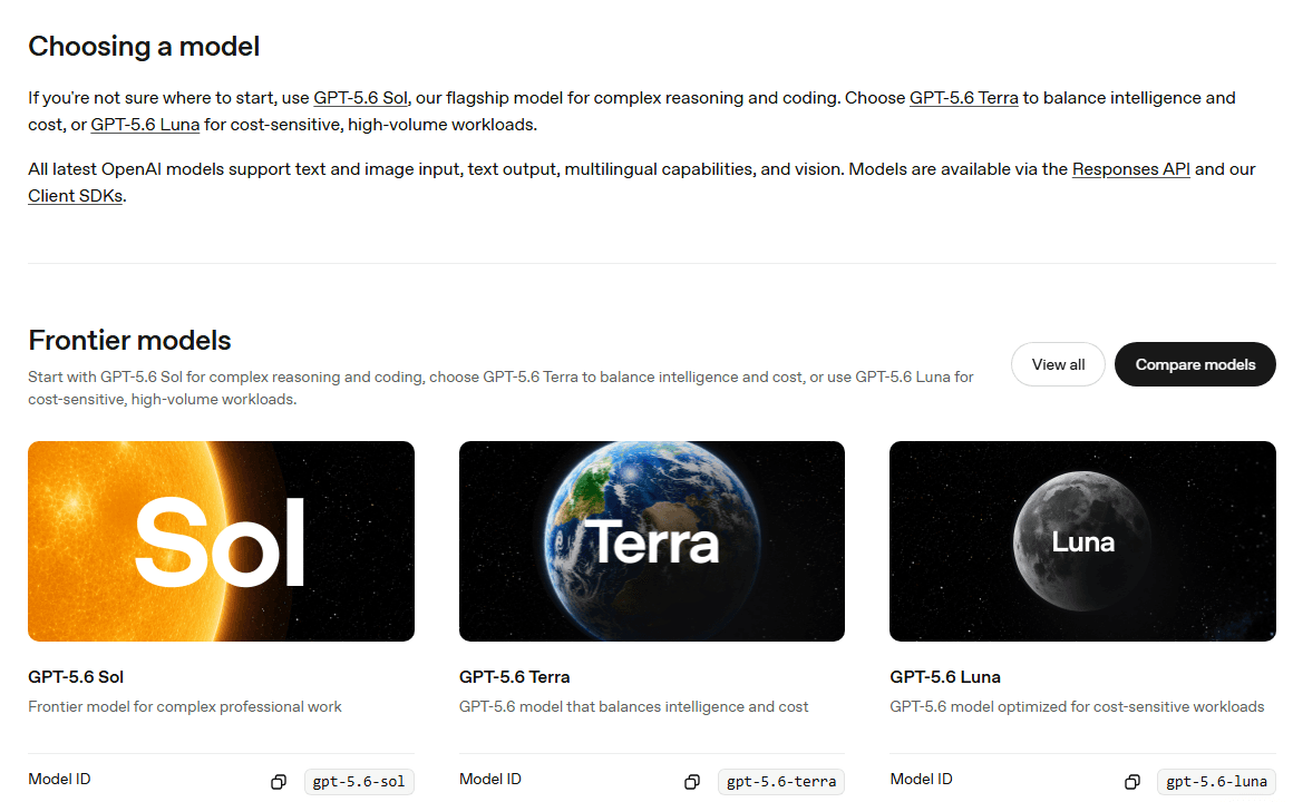 Catalogue OpenAI Developers présentant GPT-5.6 Sol, Terra et Luna