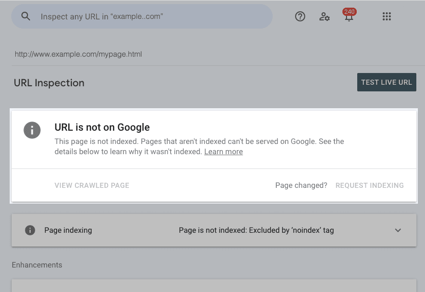 Official Google example showing an example.com URL not indexed with a noindex reason