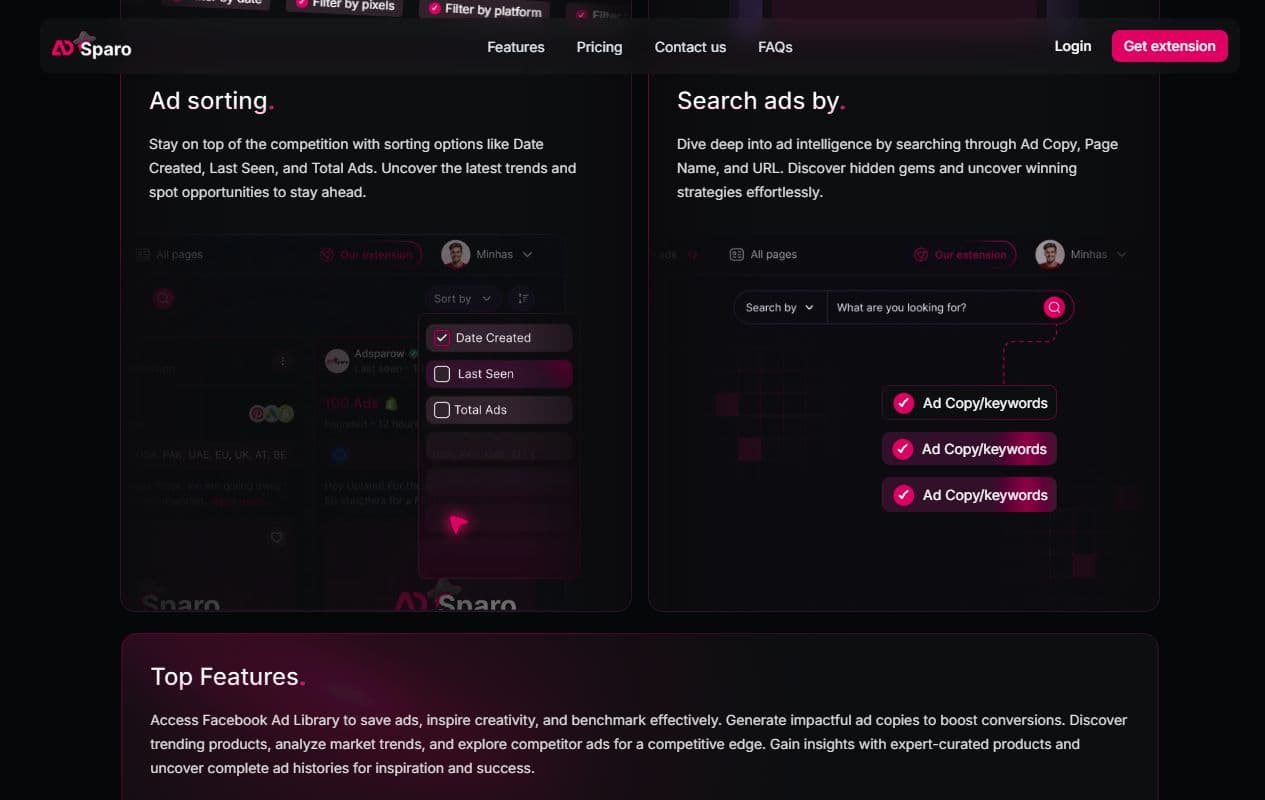 Aperçu Adsparo montrant des analytics autour des annonces et pages