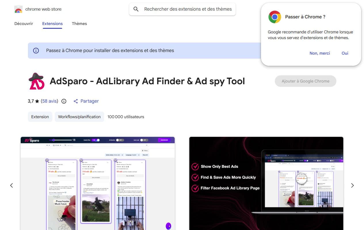 Aperçu de la fiche Chrome Web Store Adsparo AdLibrary Ad Finder