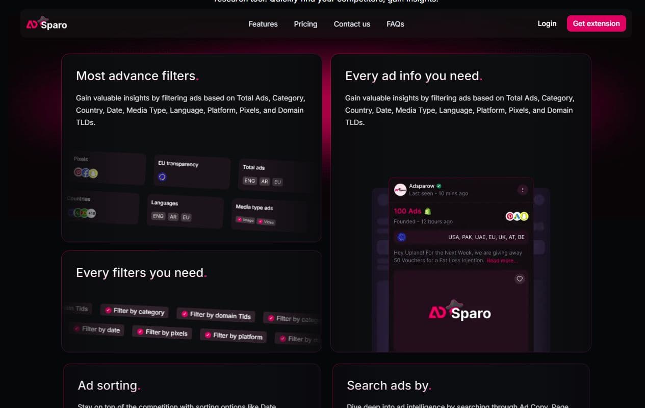Aperçu Adsparo montrant les fonctionnalités Ad Library Trending Save Ads et All Pages