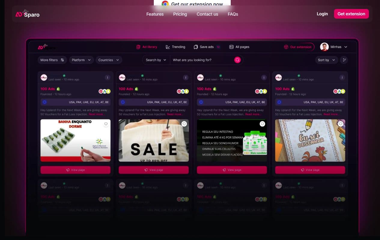Aperçu Adsparo montrant des filtres publicitaires par plateforme, pays et recherche