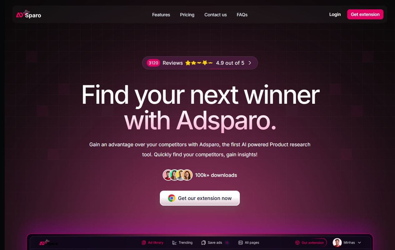 Aperçu de la page officielle Adsparo avec le message Find your next winner