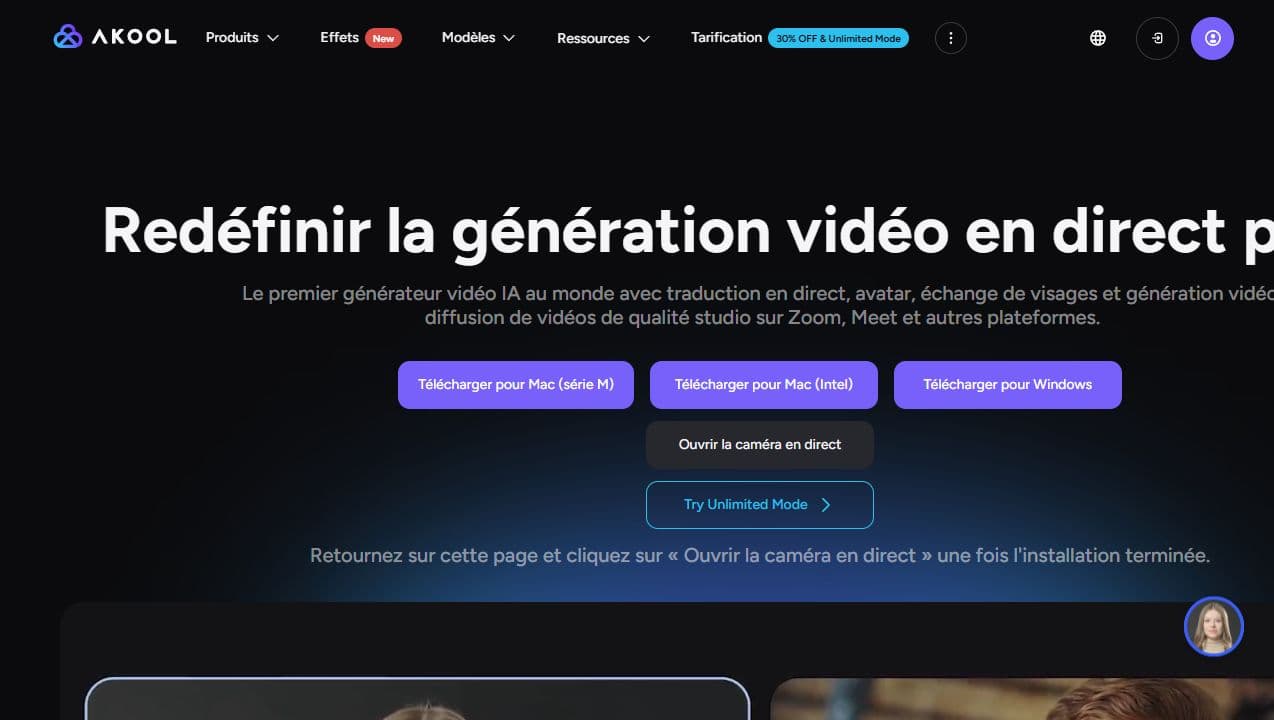 Page officielle Akool Live Camera avec génération vidéo en direct et avatar
