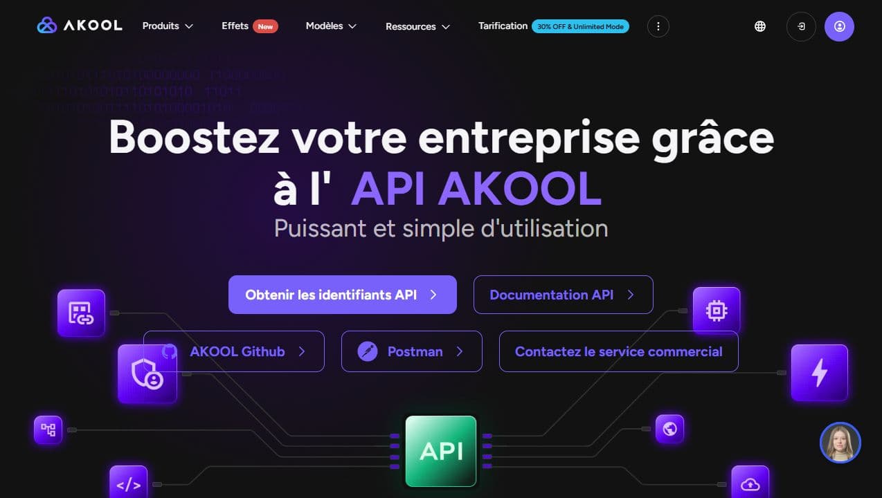 Page officielle Akool Open API présentant les options API pour les outils vidéo IA