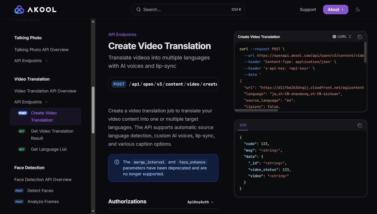 Documentation Akool Create Video Translation avec paramètres de traduction vidéo