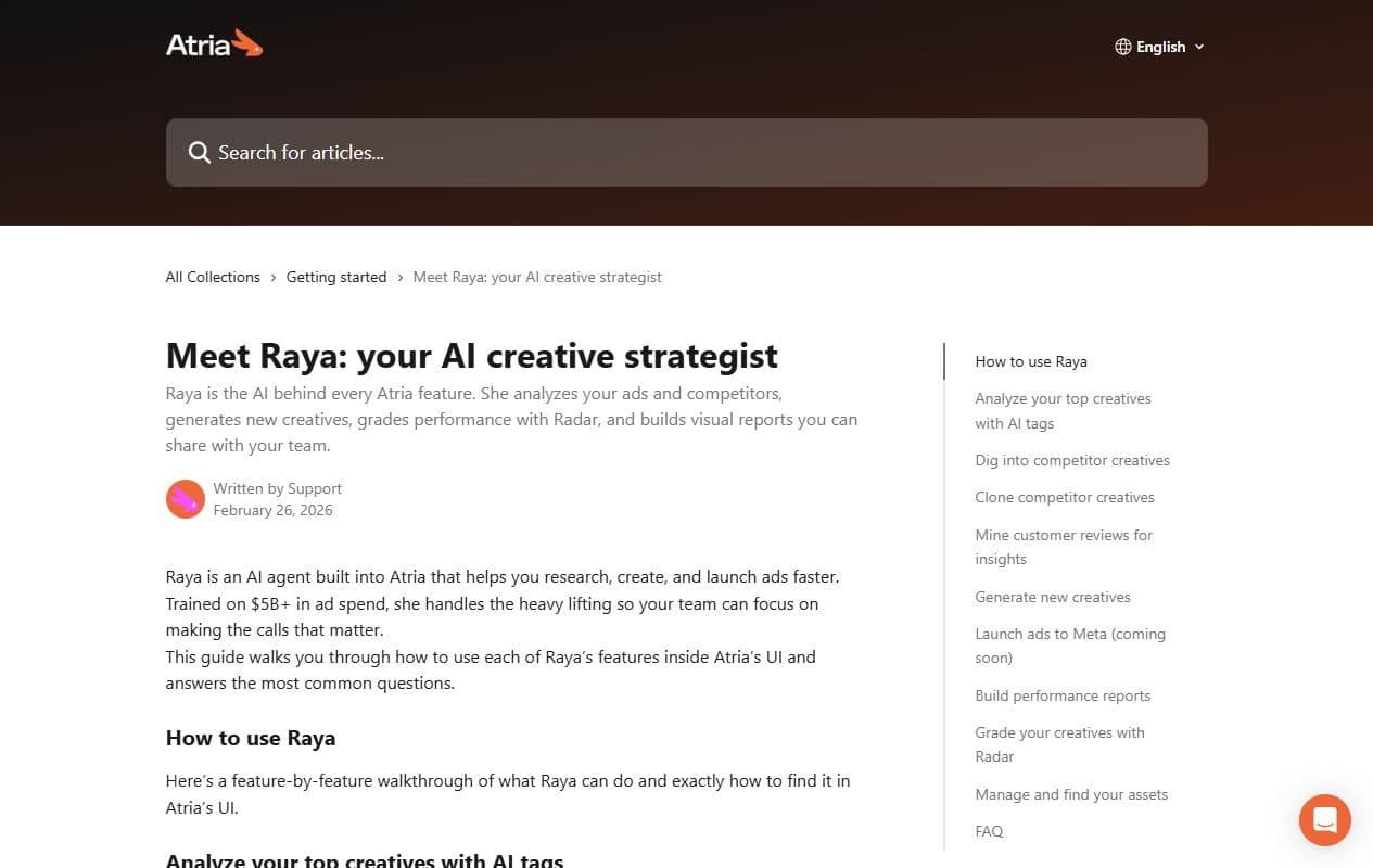 Aperçu du centre d'aide Atria Meet Raya your AI creative strategist
