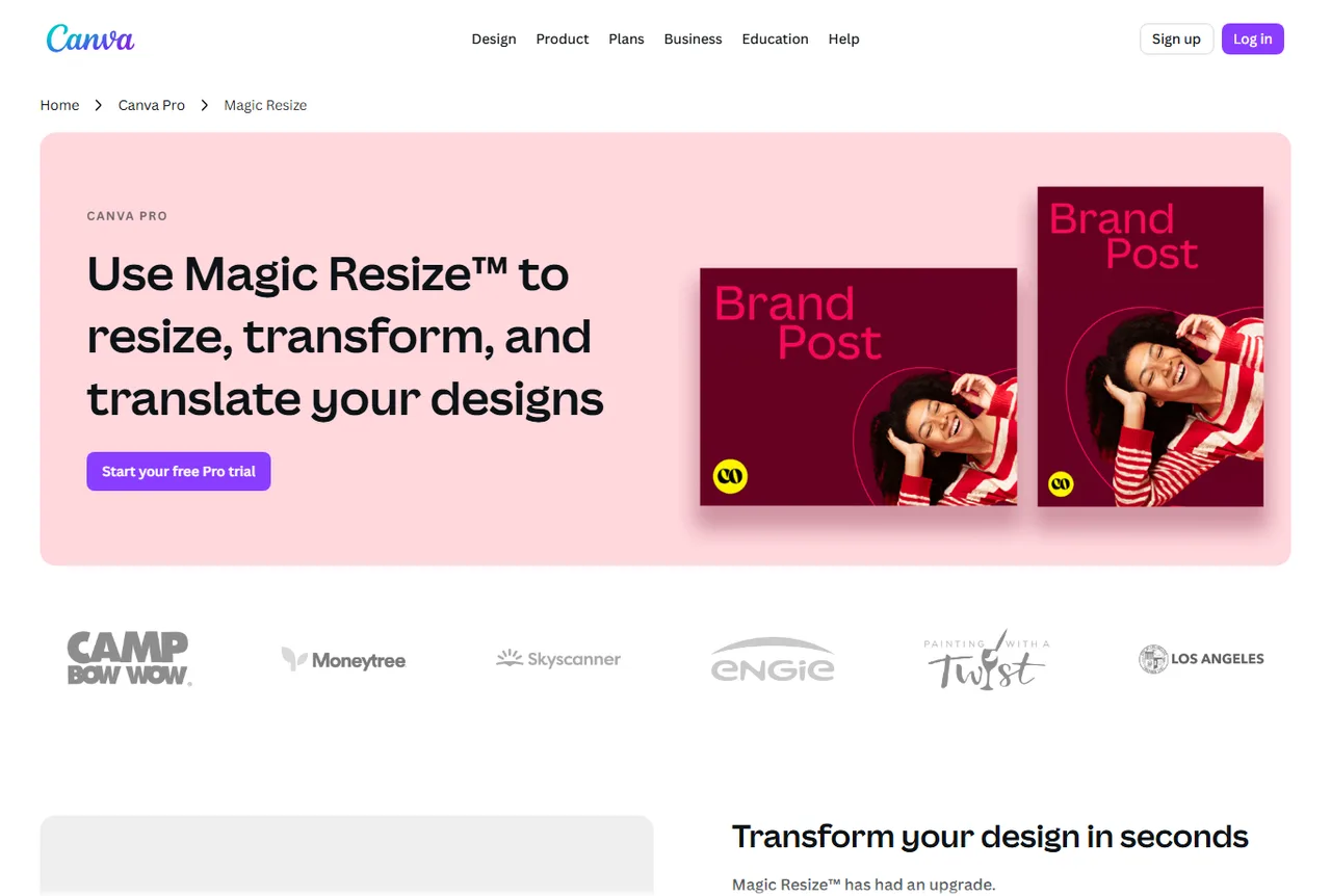 Aperçu Canva montrant le redimensionnement d'un design pour plusieurs formats