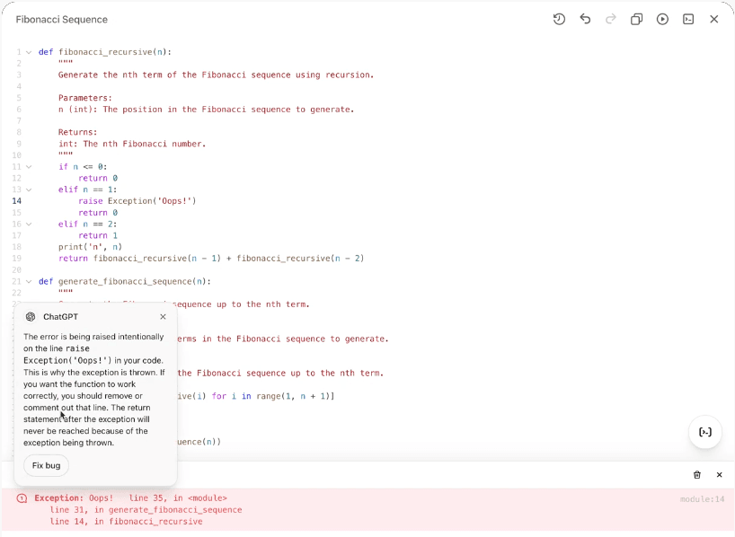 ChatGPT Canvas with an editor and a visible correction suggestion