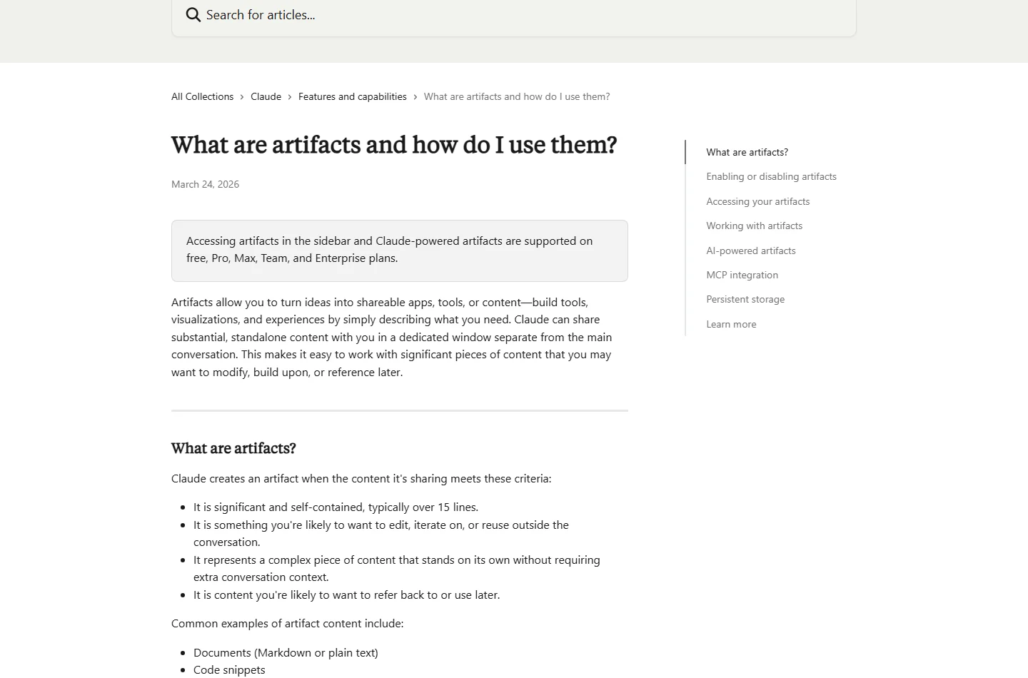 Page d'aide Claude expliquant les Artifacts et leur usage pour les contenus autonomes