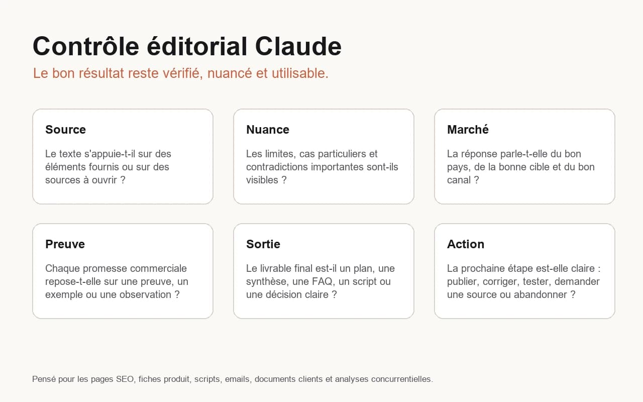 Checklist éditoriale Claude avec source, nuance, marché, preuve, sortie et action