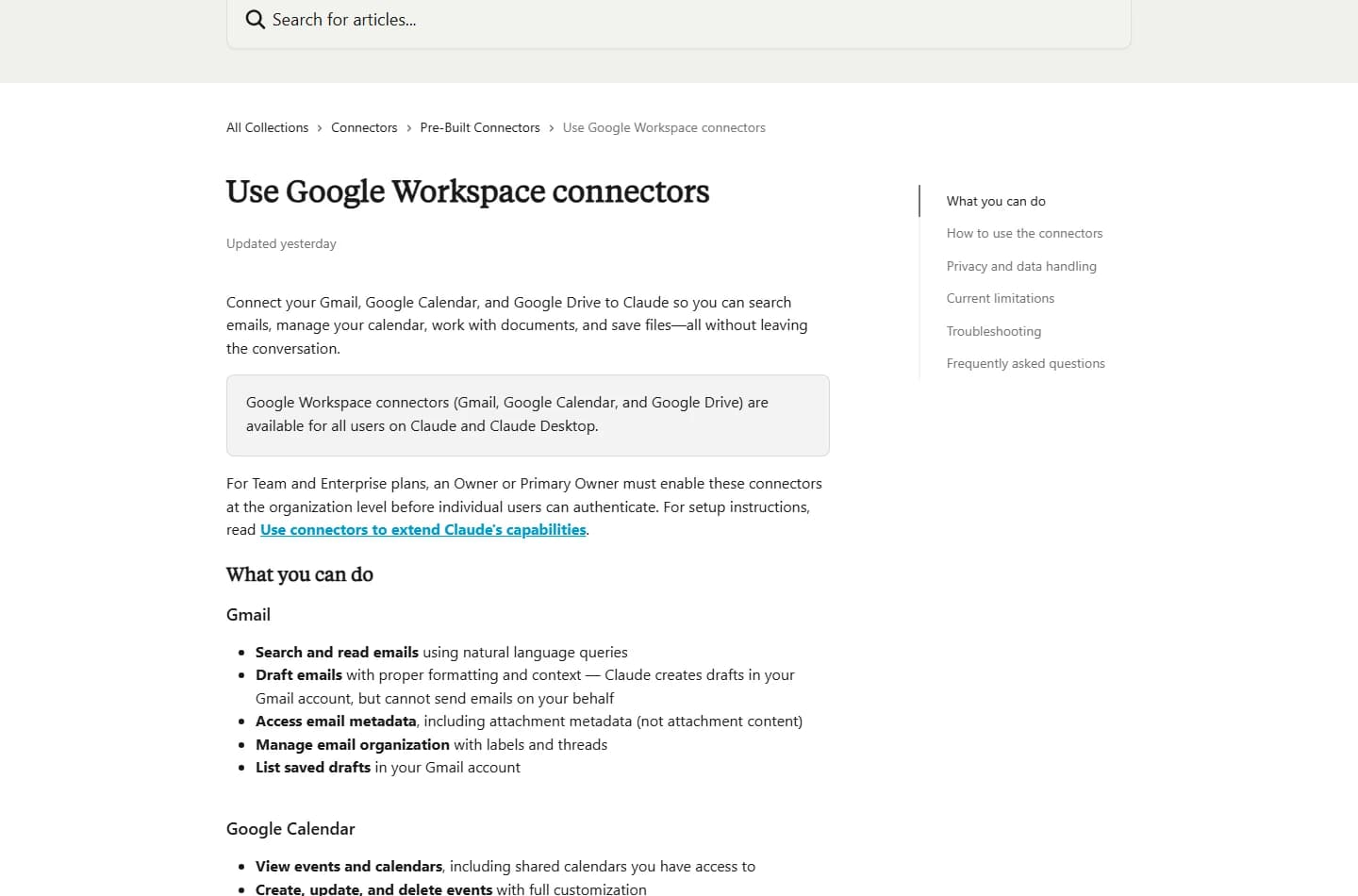 Page d'aide Claude sur les connecteurs Google Workspace