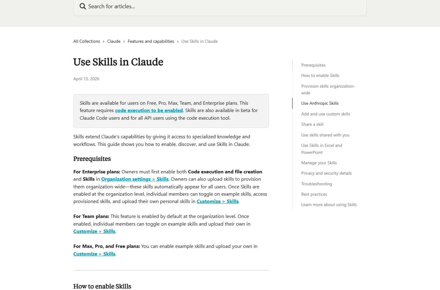 Page d'aide Claude expliquant l'utilisation des Skills