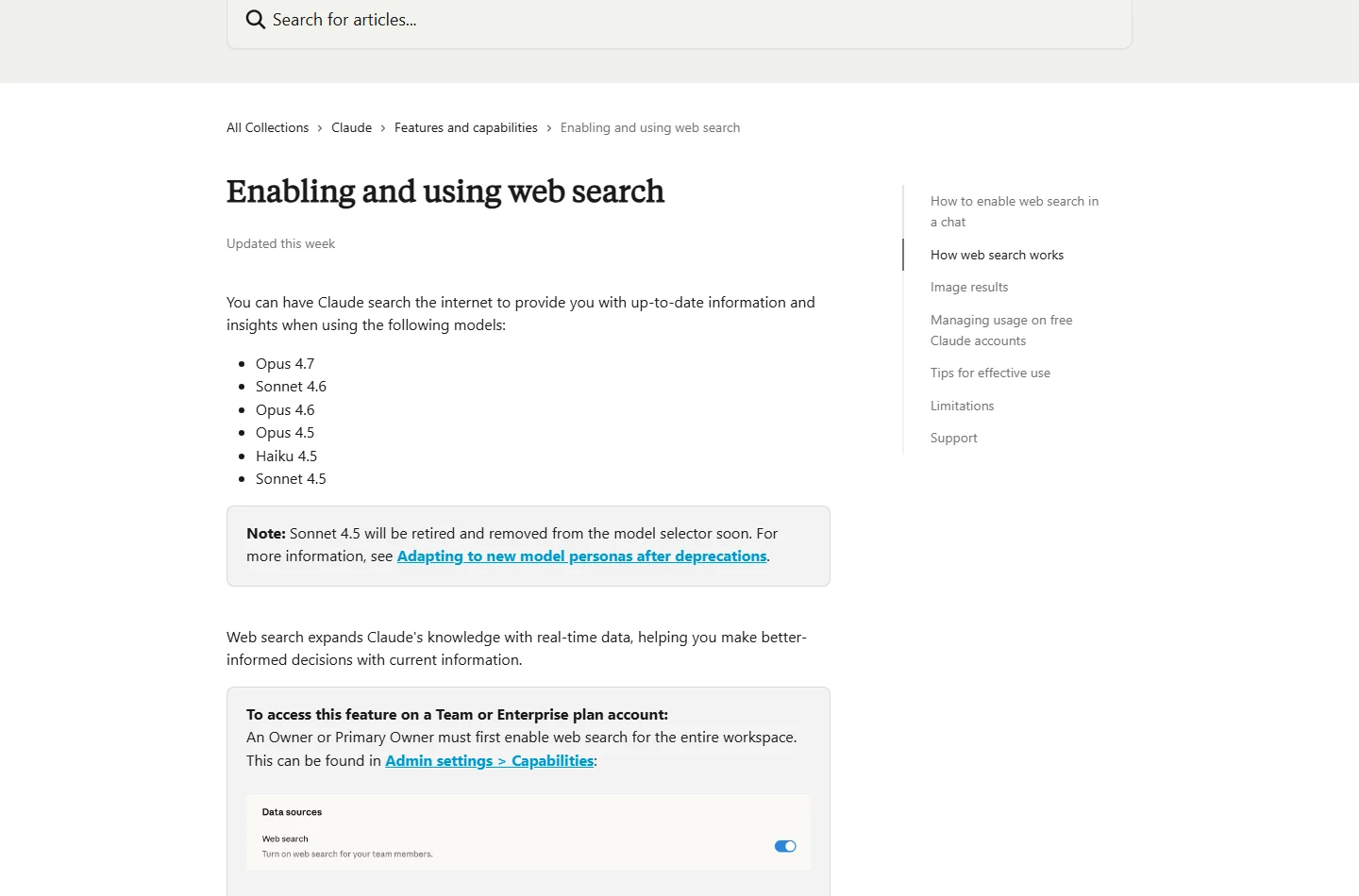 Page d'aide Claude sur l'activation et l'utilisation de la recherche web