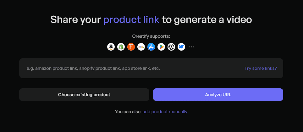 Aperçu Creatify montrant un champ pour partager un lien produit et générer une vidéo