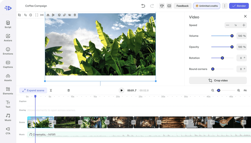 Aperçu Creatify montrant un éditeur vidéo avec timeline et réglages