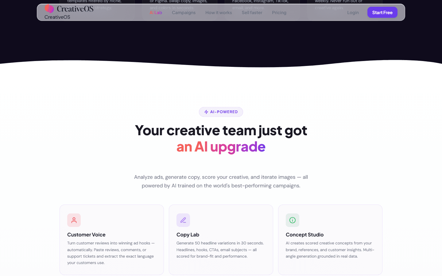 Capture publique CreativeOS montrant l'AI Lab et ses outils créatifs