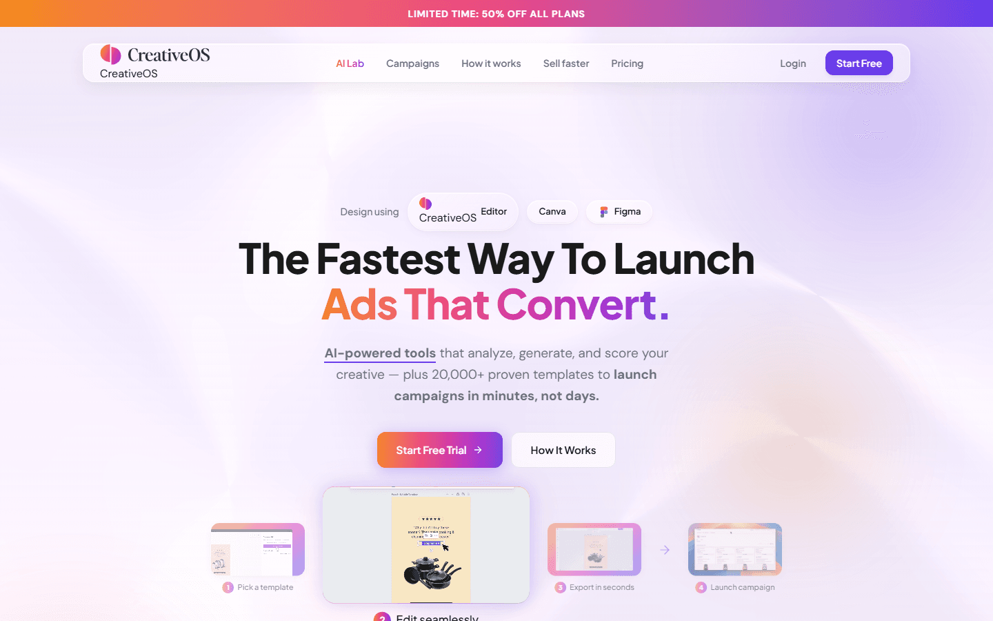 Capture publique de la page d'accueil CreativeOS avec lancement de campagnes ads