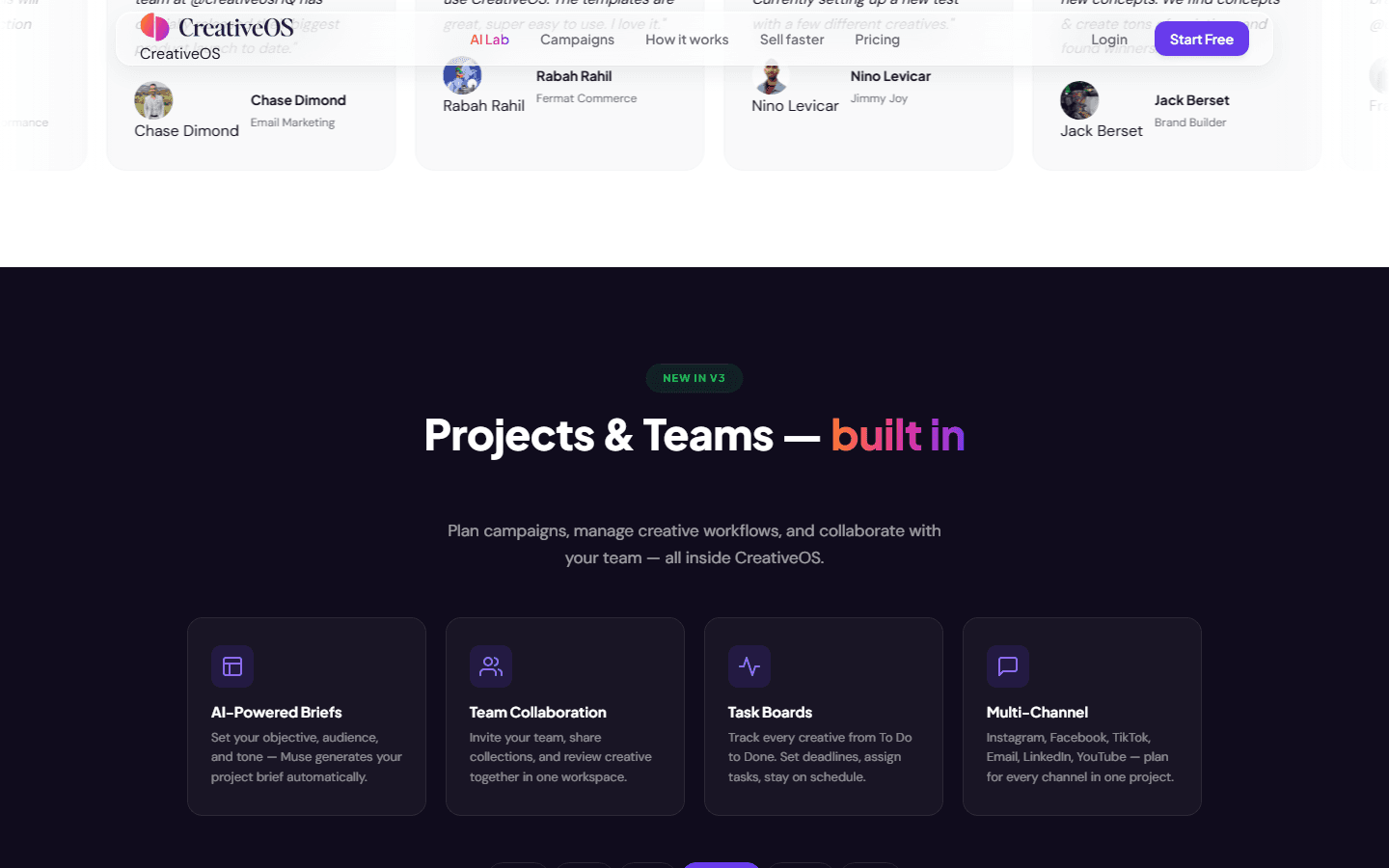 Capture publique CreativeOS Projects and Teams avec collaboration et task boards