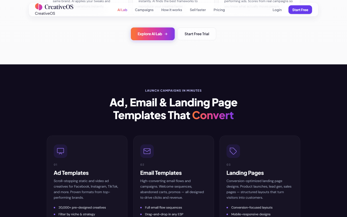 Capture publique CreativeOS avec modèles pour ads, emails et landing pages