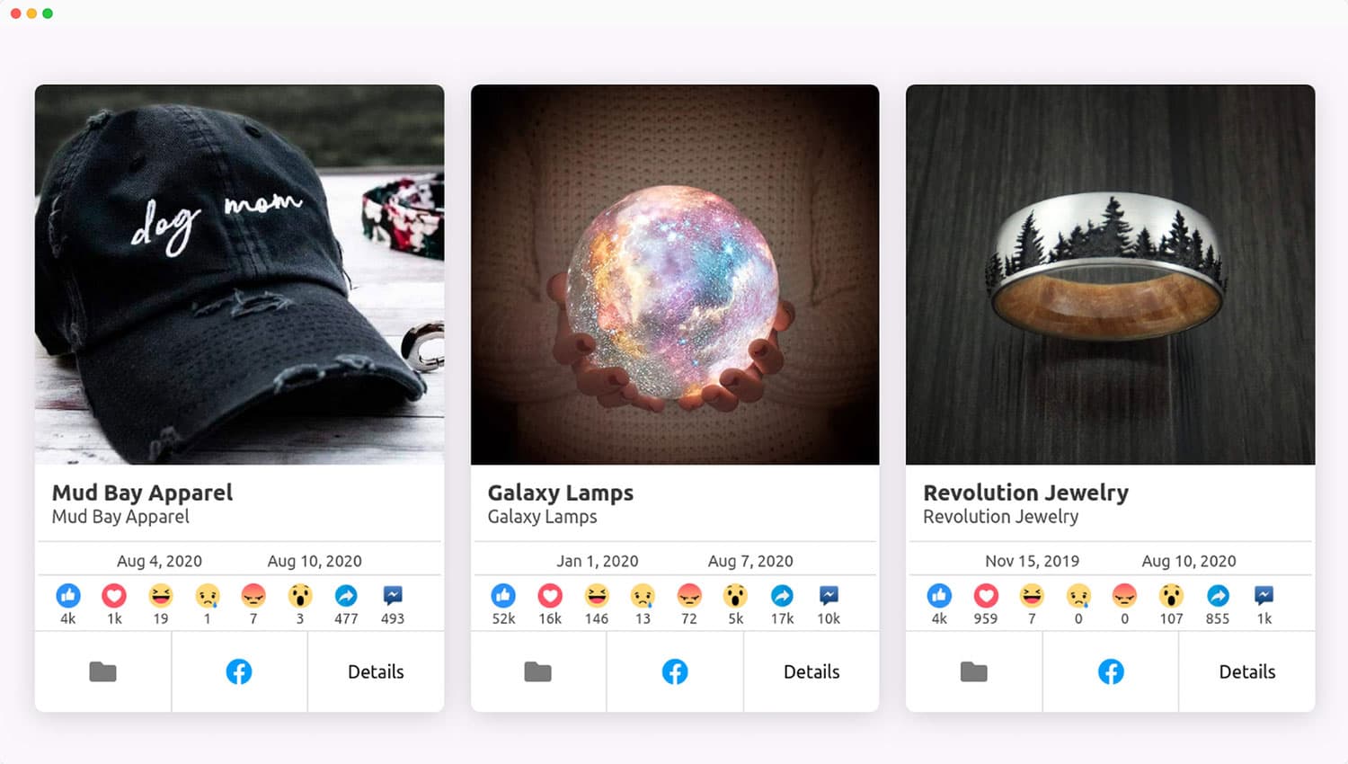 Aperçu Dropispy montrant des annonces e-commerce avec réactions et dates de diffusion