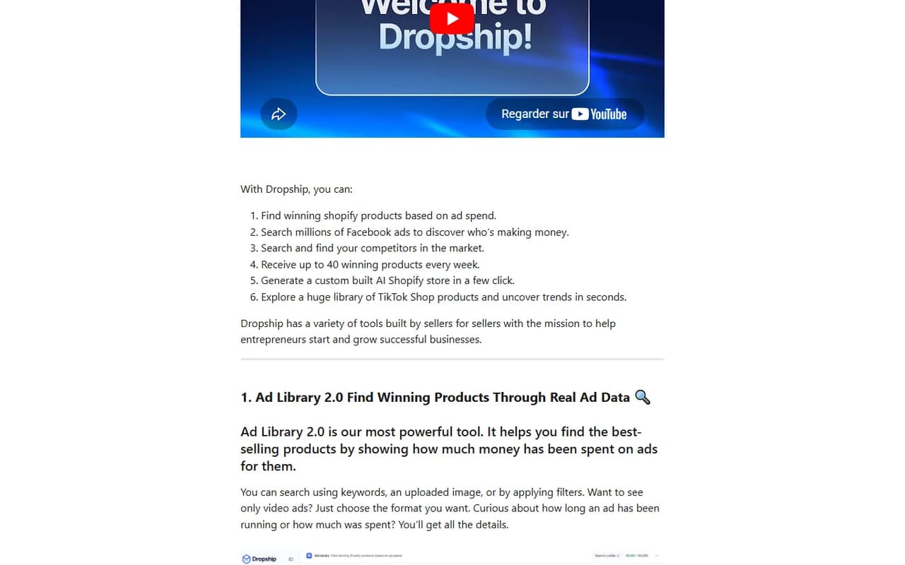 Dropship.io help center preview explaining Ad Library 2.0