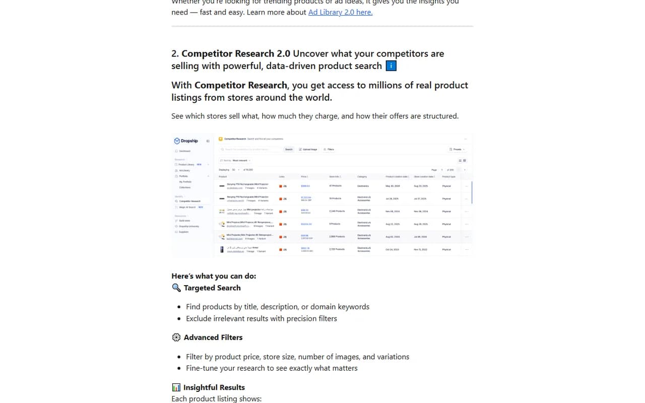 Dropship.io help center preview explaining Competitor Research 2.0