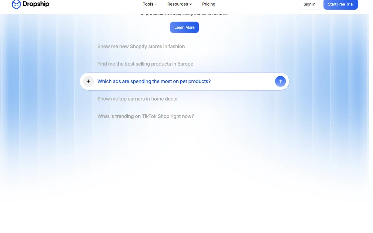 Dropship.io Magic AI Search preview with a question about pet product ads
