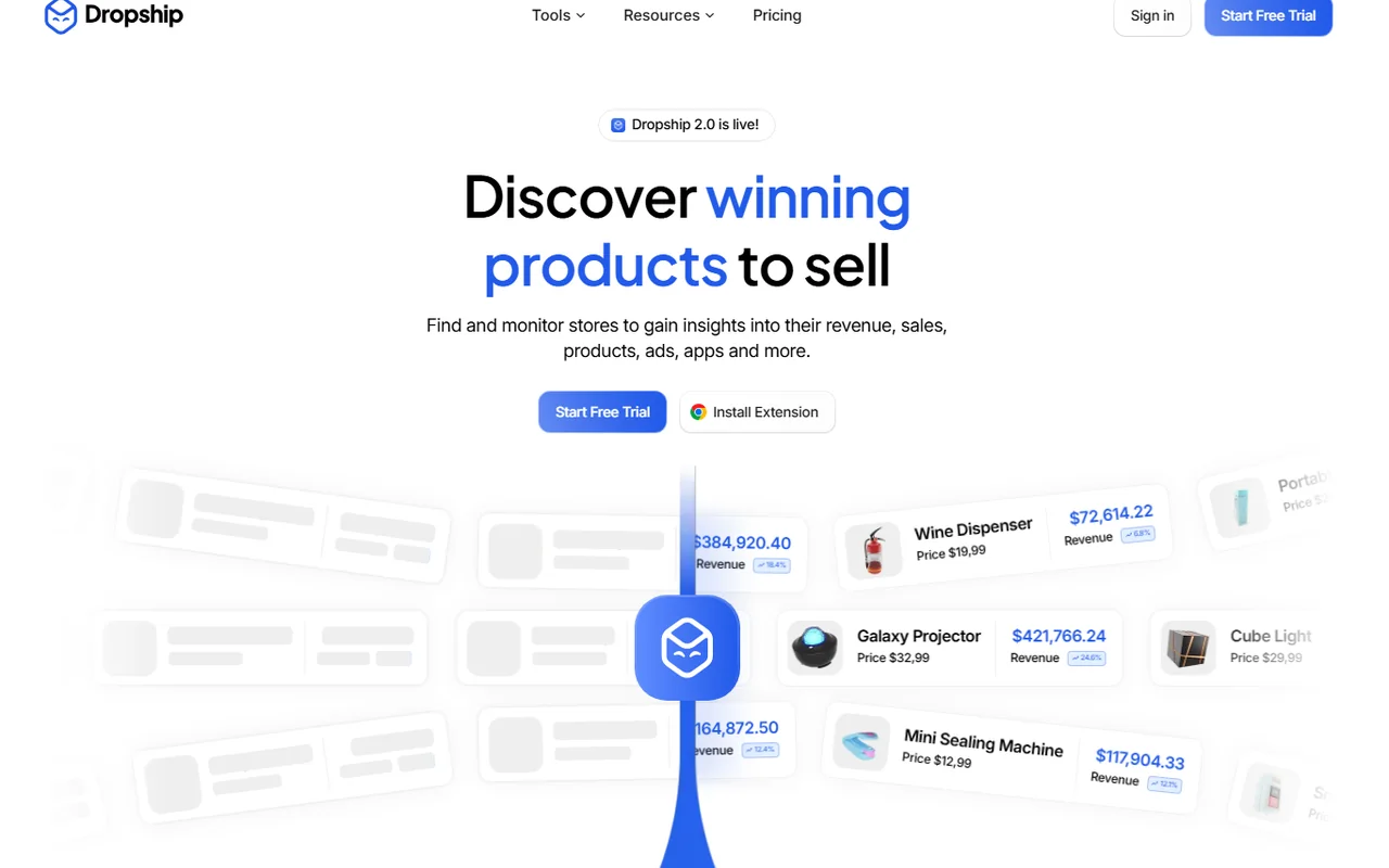Dropship.io homepage preview with Discover winning products to sell