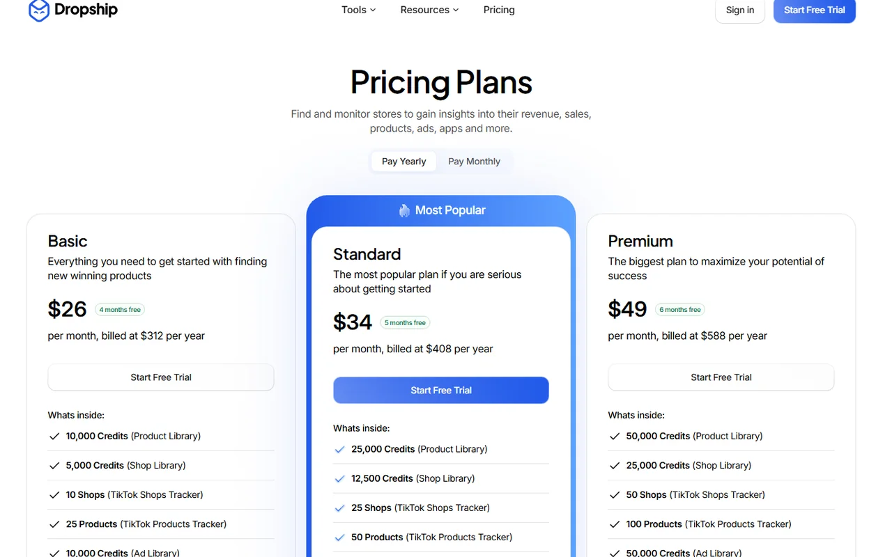 Dropship.io pricing preview with Basic Standard Premium plans and credits