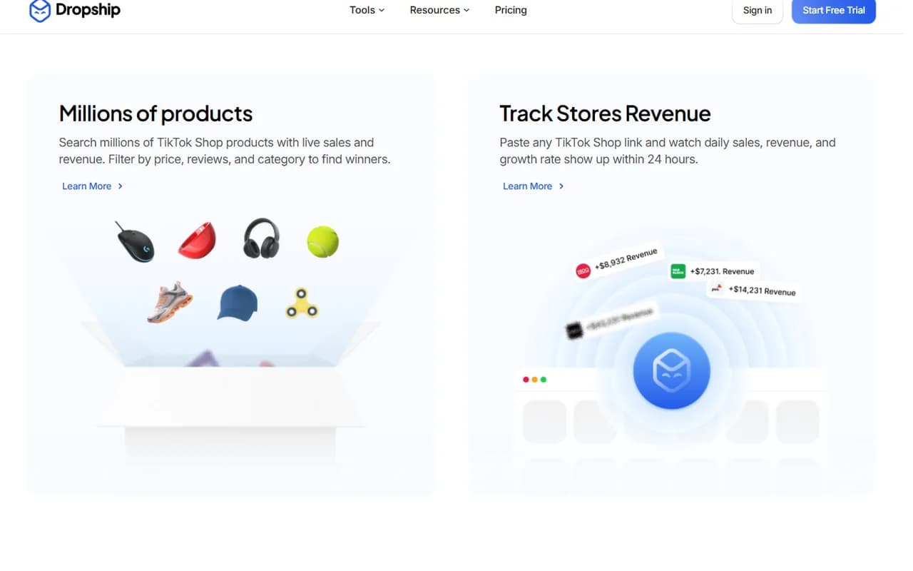 Dropship.io preview showing Product Library and Track Stores Revenue
