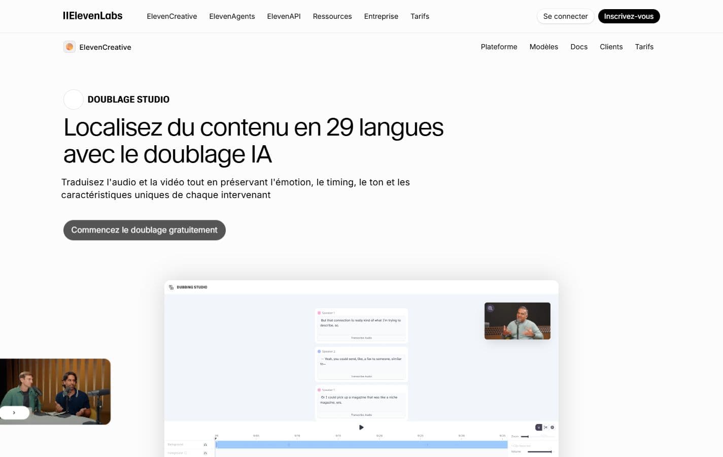 Page officielle ElevenLabs Dubbing Studio présentant la localisation audio et vidéo