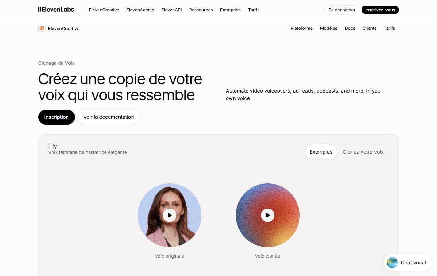 Page officielle ElevenLabs Voice Cloning présentant une réplique de voix