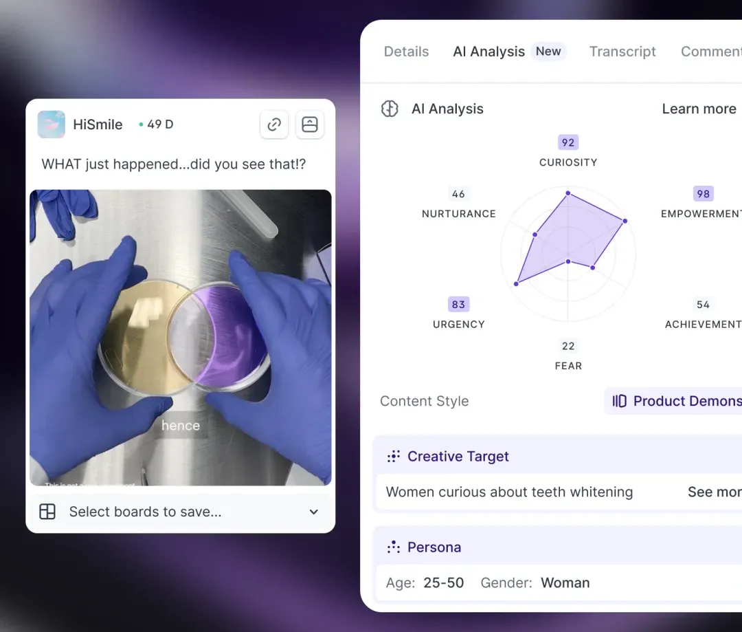 Foreplay preview showing AI creative analysis with emotion and target scores