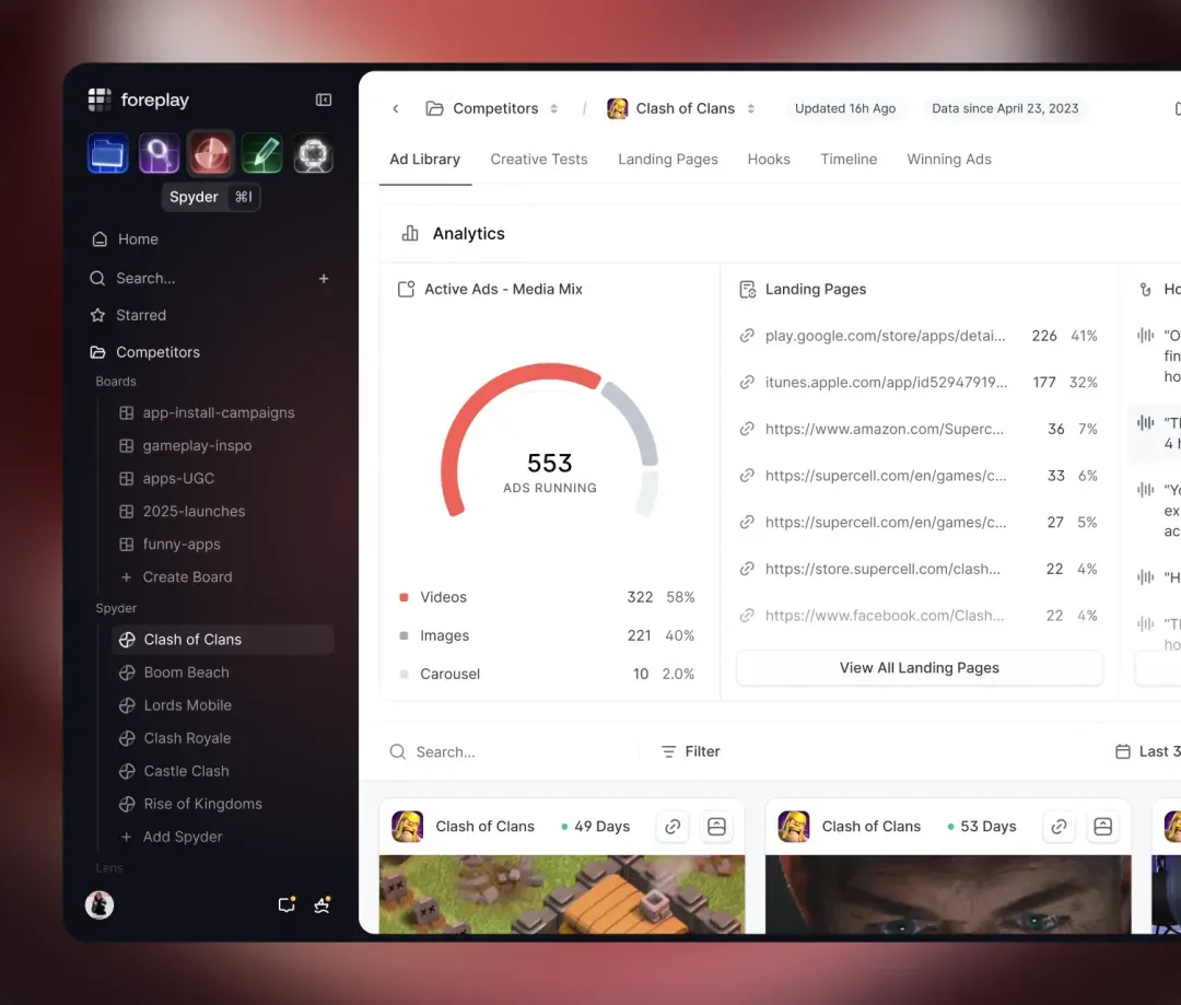 Foreplay Spyder preview showing competitor analysis and active ads