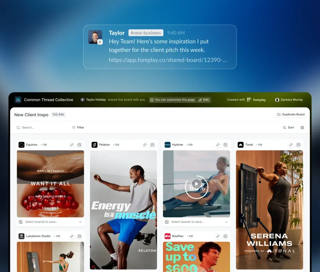 Foreplay preview showing an ad inspiration board with saved ads