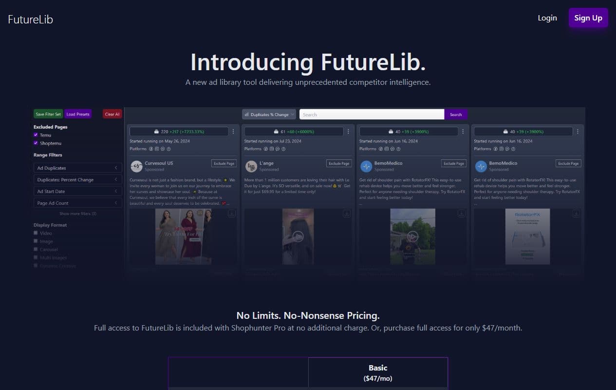 Aperçu de la page officielle FutureLib avec bibliothèque publicitaire et prix direct