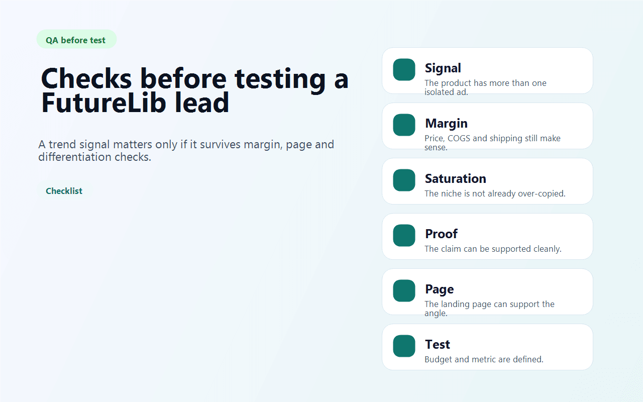 FutureLib quality checks before testing a product lead