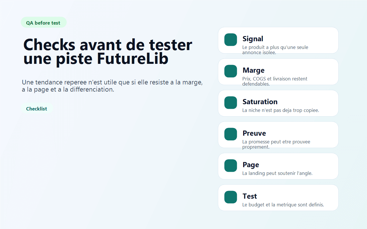 Contrôles FutureLib avant de tester une piste produit