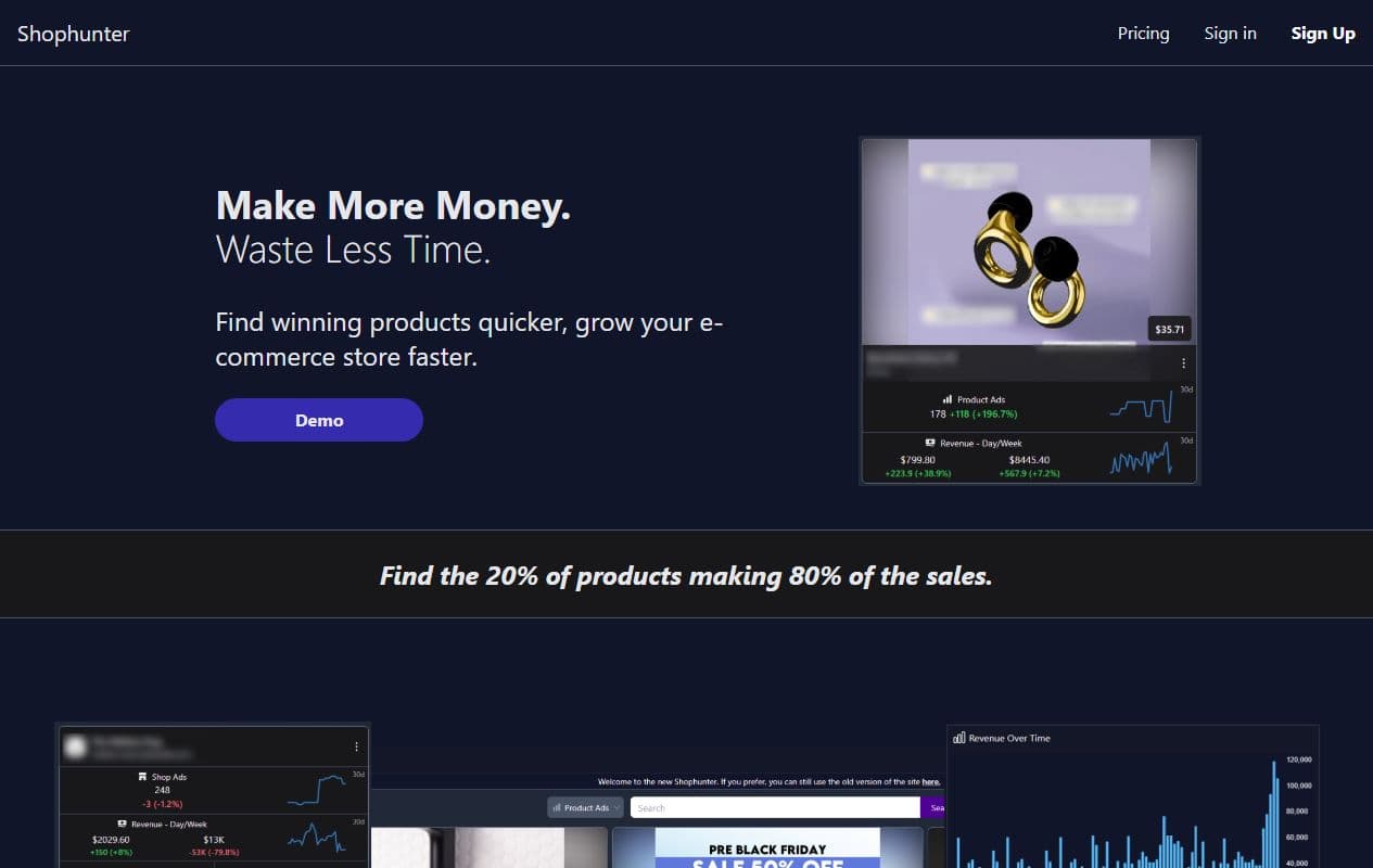Aperçu de la page ShopHunter avec recherche de produits gagnants