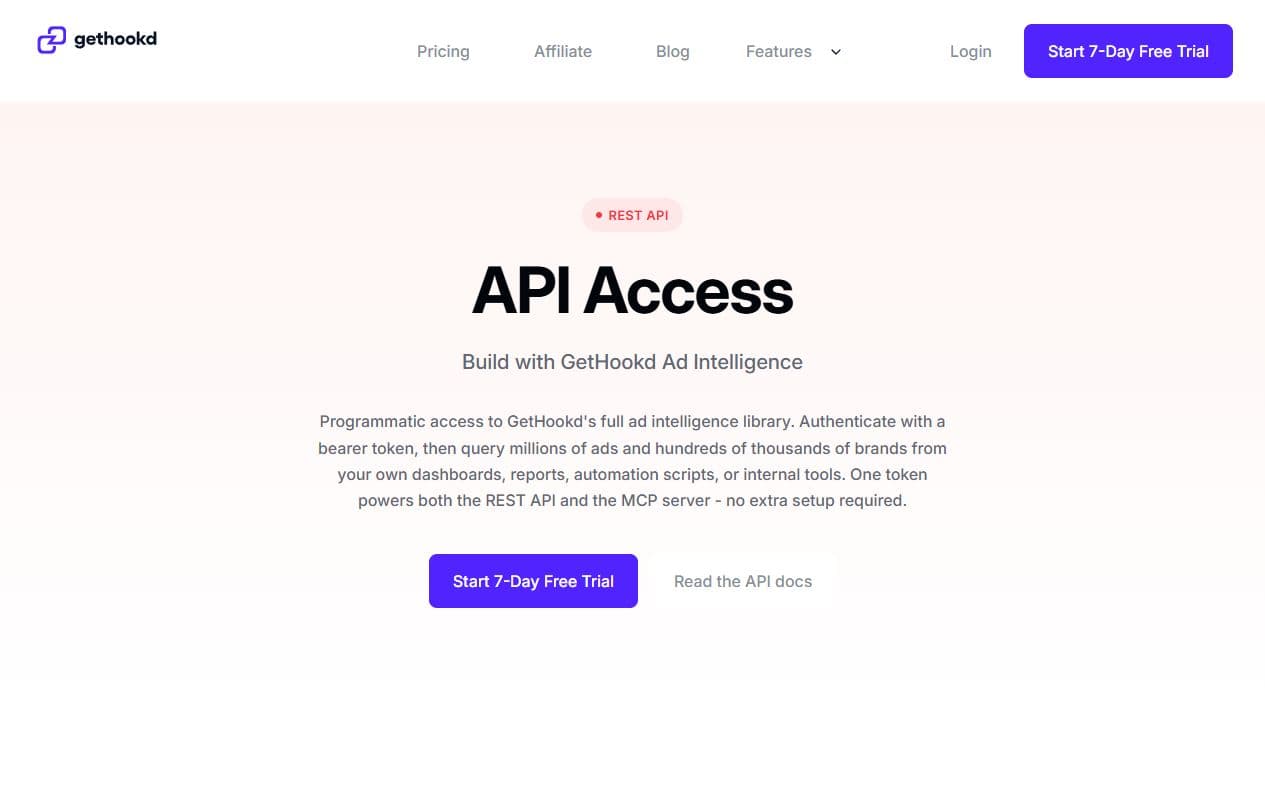 Aperçu de la page API publique Gethookd