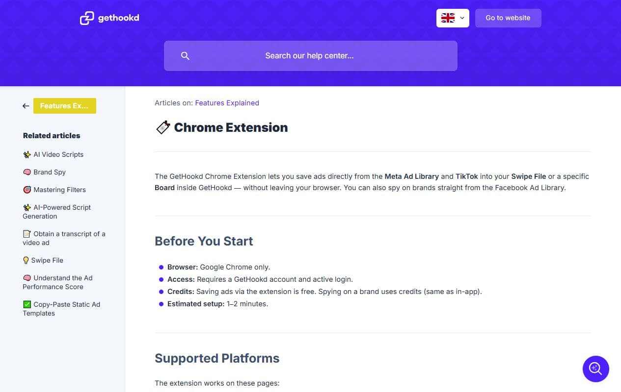 Aperçu du centre d'aide Gethookd sur l'extension Chrome