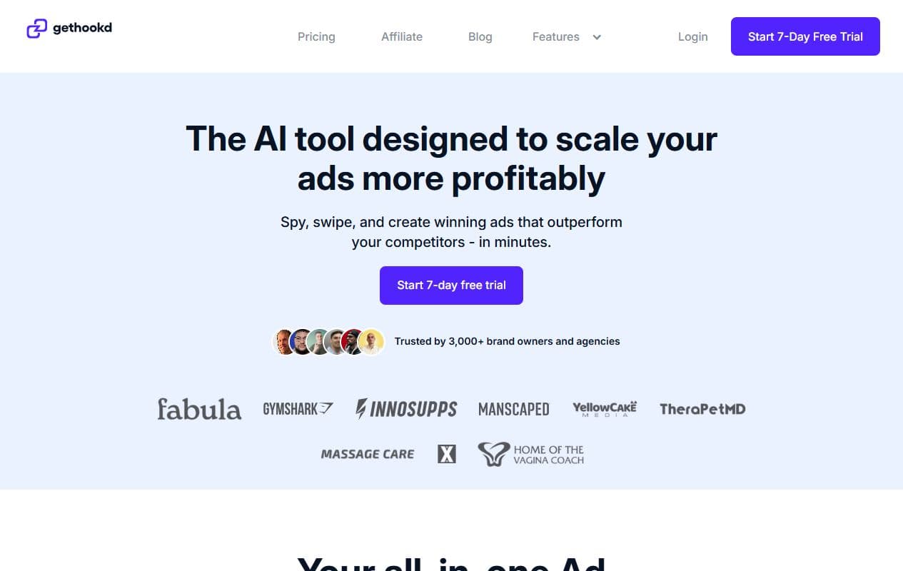 Aperçu de la page officielle Gethookd avec le message AI tool designed to scale ads