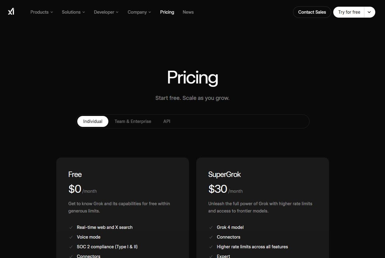 Page pricing xAI présentant les plans Grok et la recherche web et X