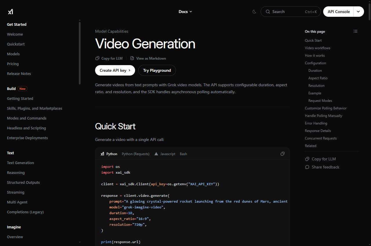 Documentation xAI sur la génération vidéo