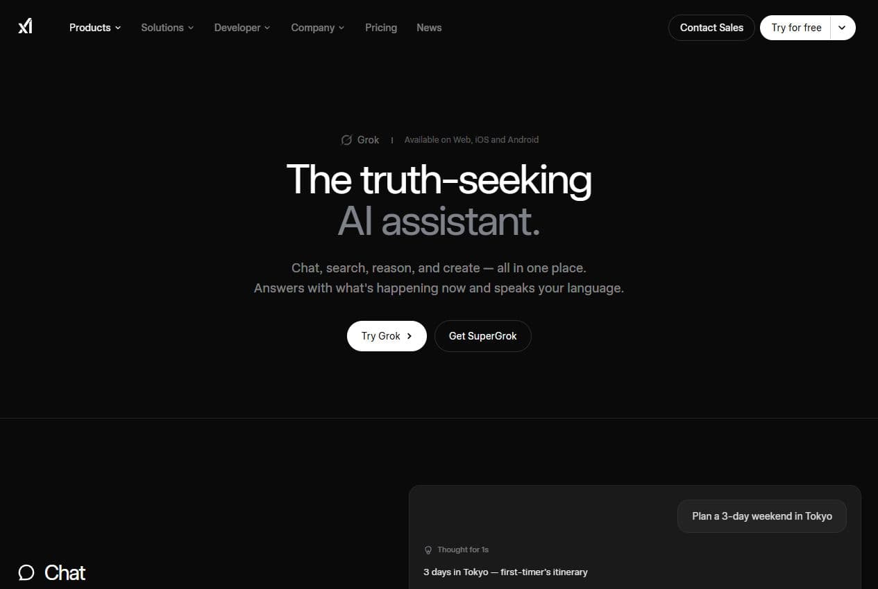 Page officielle xAI Grok avec le positionnement chat, recherche, raisonnement et création