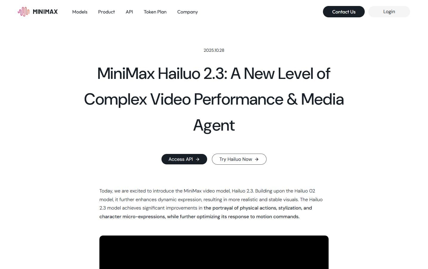 Capture publique MiniMax présentant Hailuo 2.3 et le Media Agent
