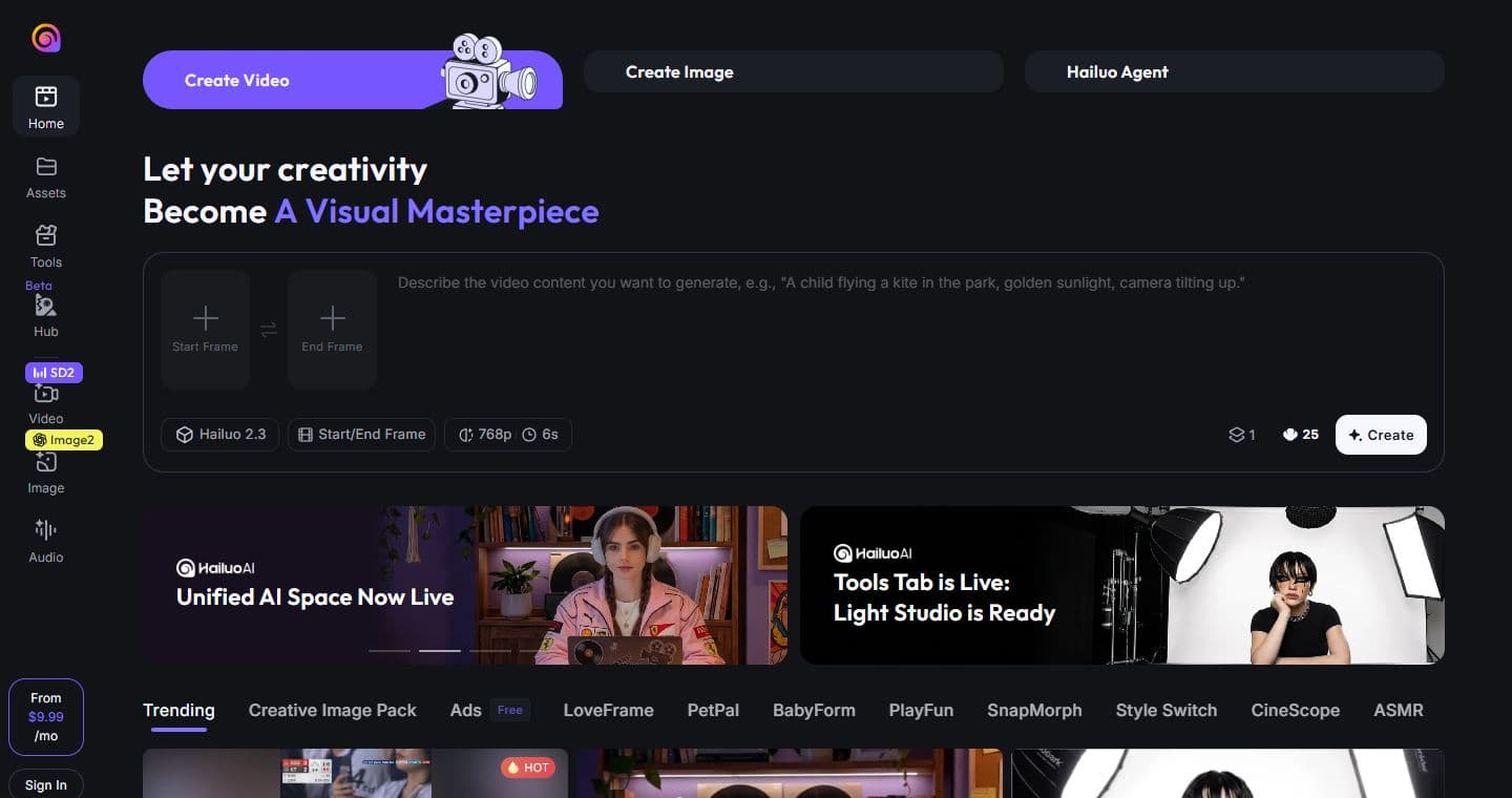 Capture publique de la page d'accueil Hailuo AI avec Create Video, Create Image et Hailuo Agent