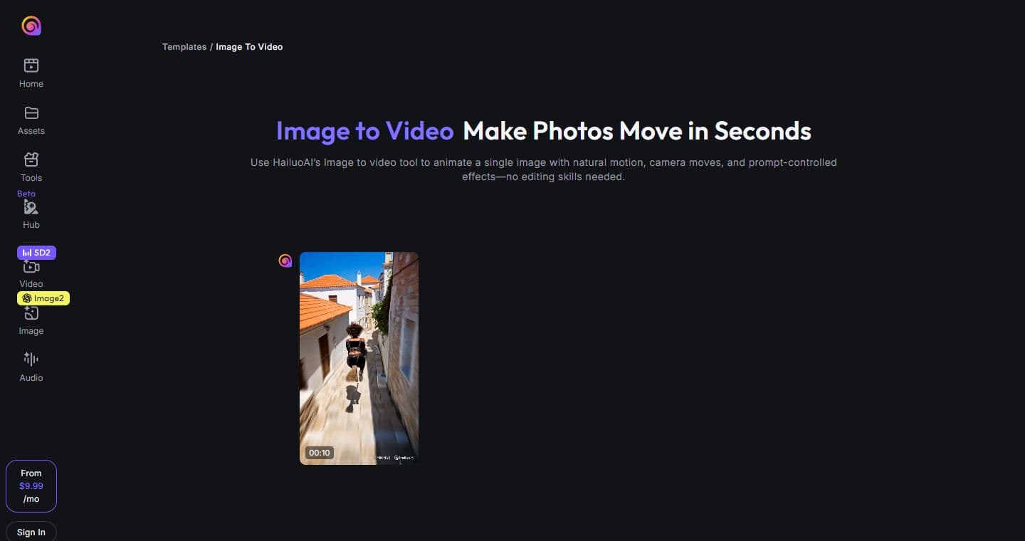 Capture publique Hailuo Image to Video montrant la création de vidéo depuis une image